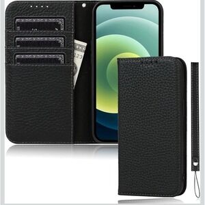 iPhone 13 Pro Flip Case Wallet With Card Holder Slots Cow Leather Black New